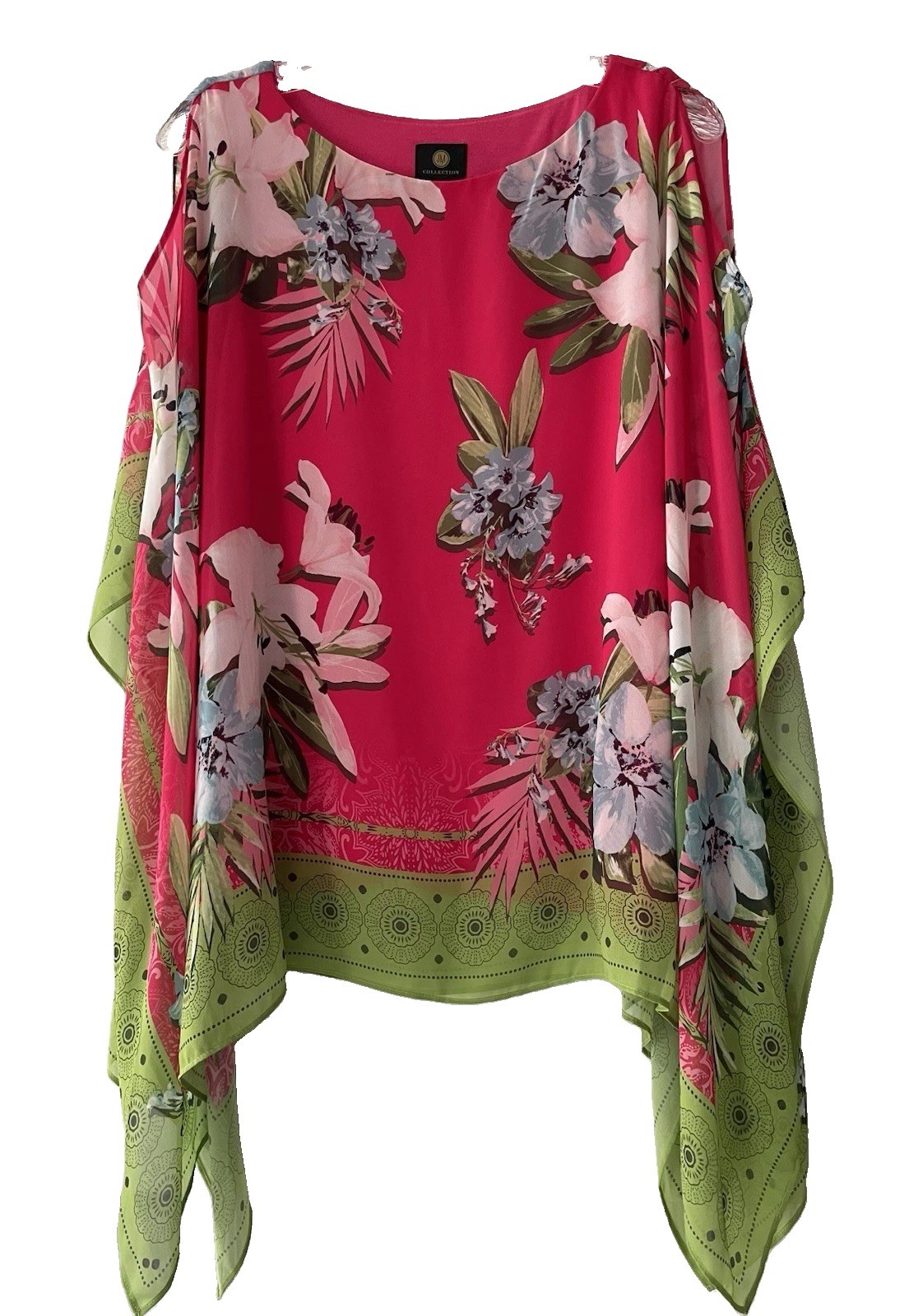 JM Collection Size Medium Cold Shoulder Vibrant Overlay Oversized Top Shirt