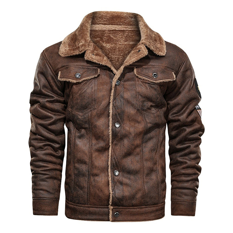 Winter Men Turn-down Collar Leather Jacket Outwear Warm Pilot Coats Windbreak