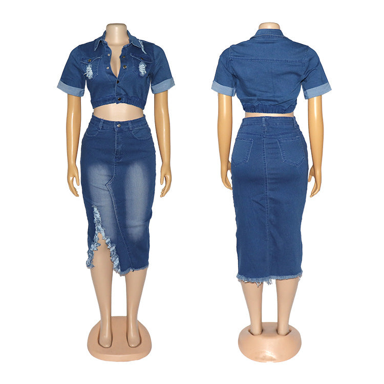 Denim Women's Wear Fashion Frosted Garment Wash Denim Skirt Suit