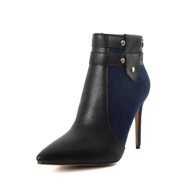 Fashion Retro Thin High Heels Buckle Strap Rivets Ankle Boots Plus Size Women Winter Shoes Blue Black Red Stiletto