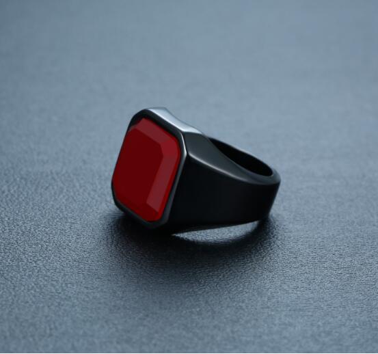 Men's stainless steel black agate ring