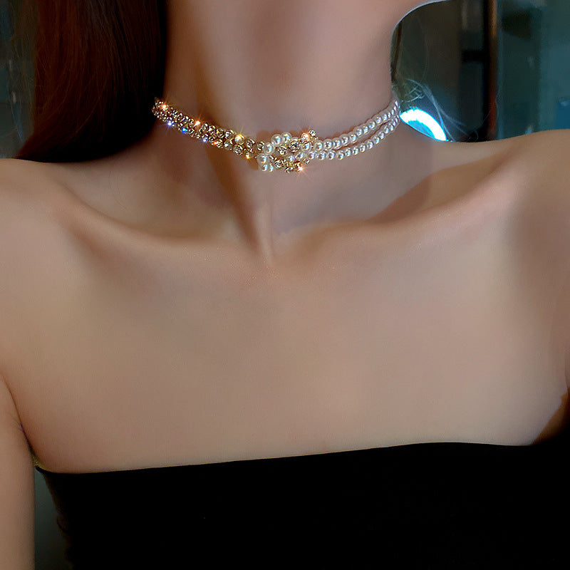 Pearl Crystal Choker Necklaces For Women Short Chain Rhinestone Necklaces Statement Jewelry