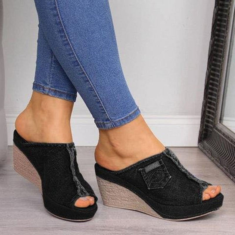 Summer Women Slippers Denim Fish Mouth Shoes Platform High-Heeled Wedge Sandals