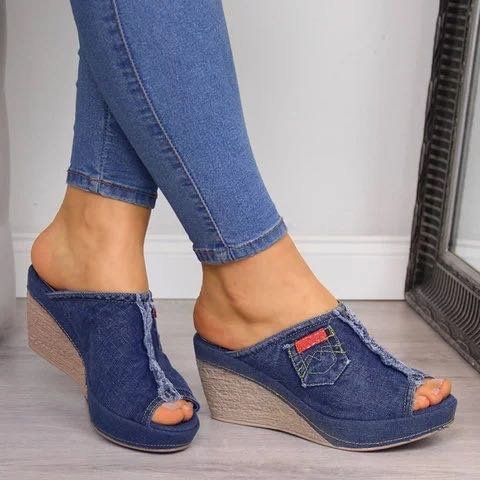 Summer Women Slippers Denim Fish Mouth Shoes Platform High-Heeled Wedge Sandals