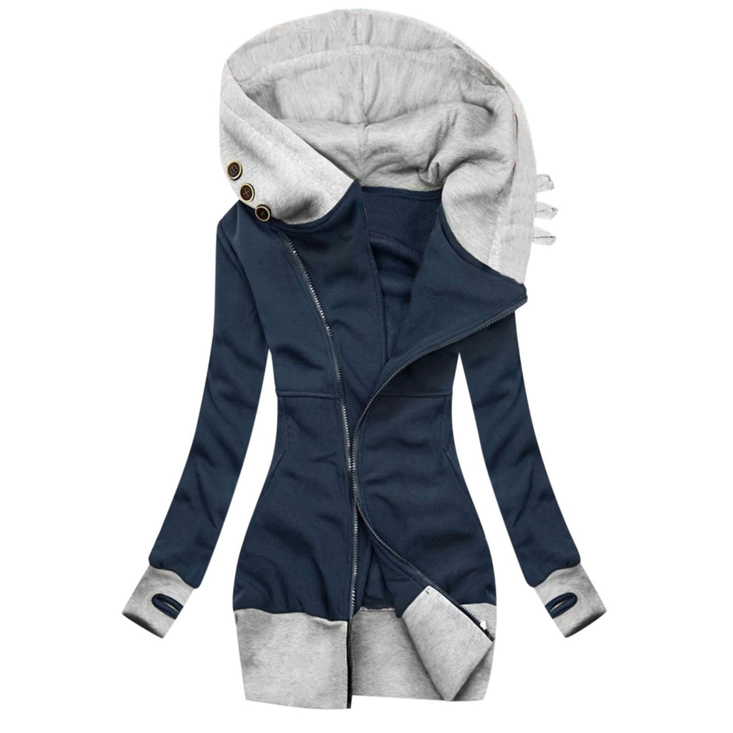 Europe and America Amazon Fall Winter New Women's Jacket Solid Color Hooded Long Sleeve Pocket Zipper Sweater Women