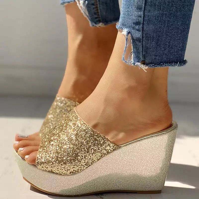Flat Wedge Sandals With Fish Mouth Women's Summer Sequined Sandals Women