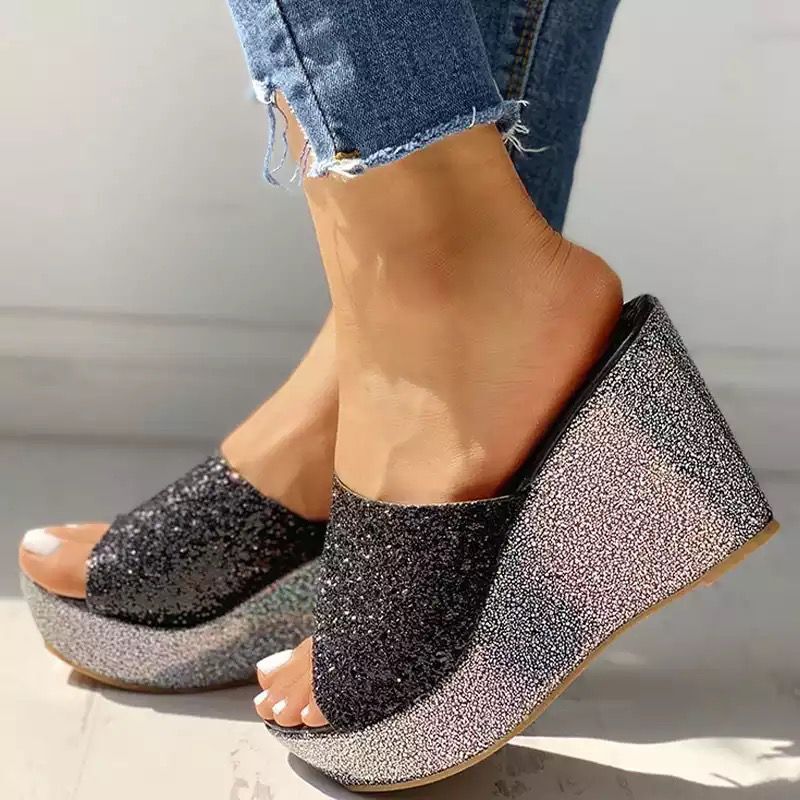 Flat Wedge Sandals With Fish Mouth Women's Summer Sequined Sandals Women