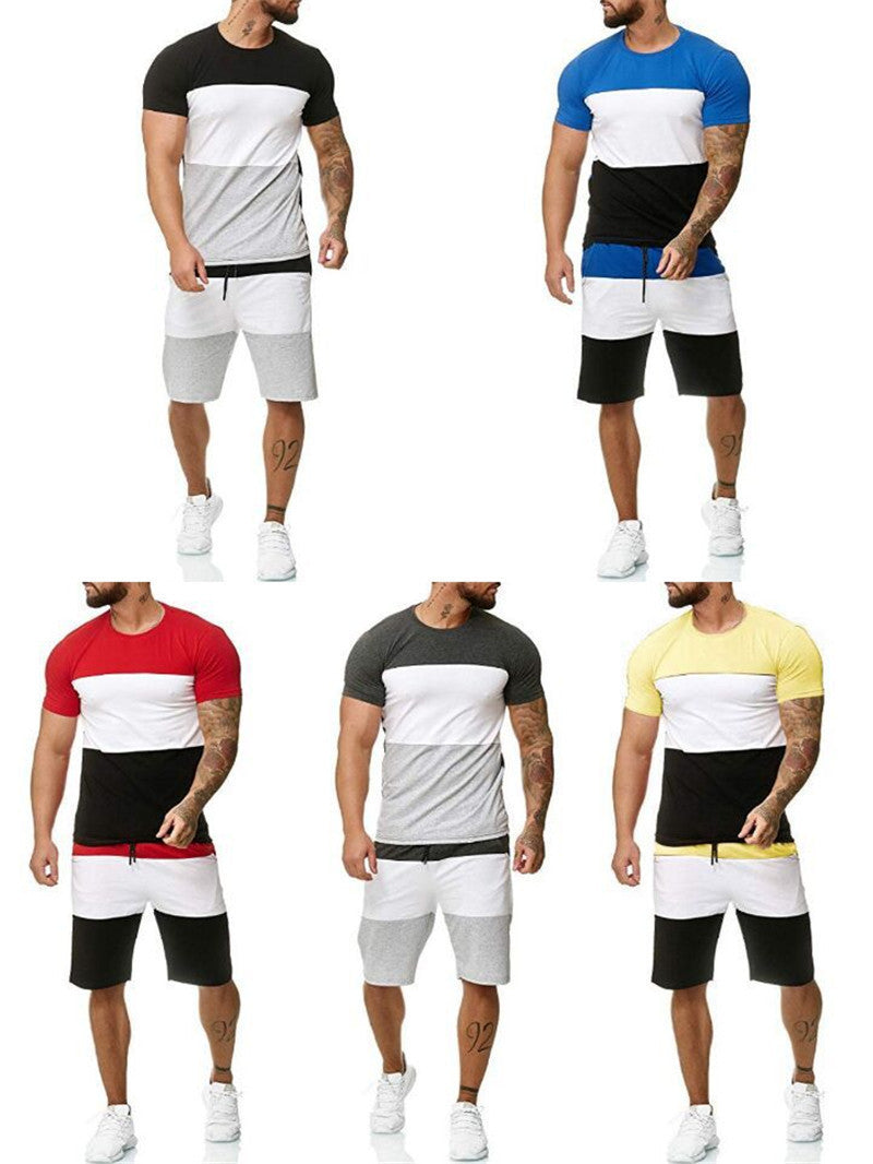 Summer Men's Stitching Casual Two-Piece Round Neck Color Matching Short-Sleeved Short Suits 8 to 15 day delivery