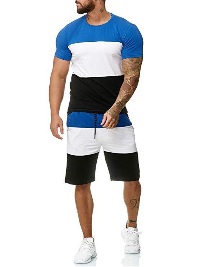 Summer Men's Stitching Casual Two-Piece Round Neck Color Matching Short-Sleeved Short Suits 8 to 15 day delivery