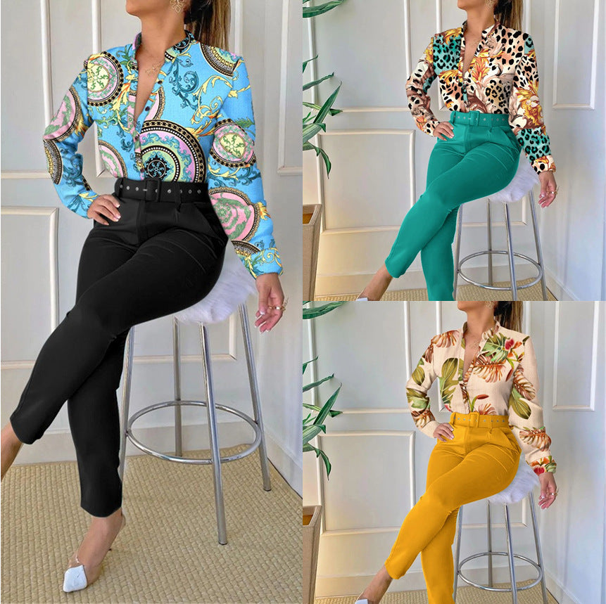 Women's Digital Printing Long-sleeved Shirt With Belt Trousers Suit
