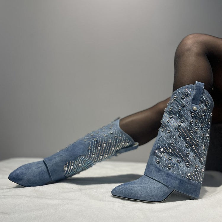 Heavy Industry Pointed Toe Stiletto Rhinestone Women's Boots Jeans Pipe Boots