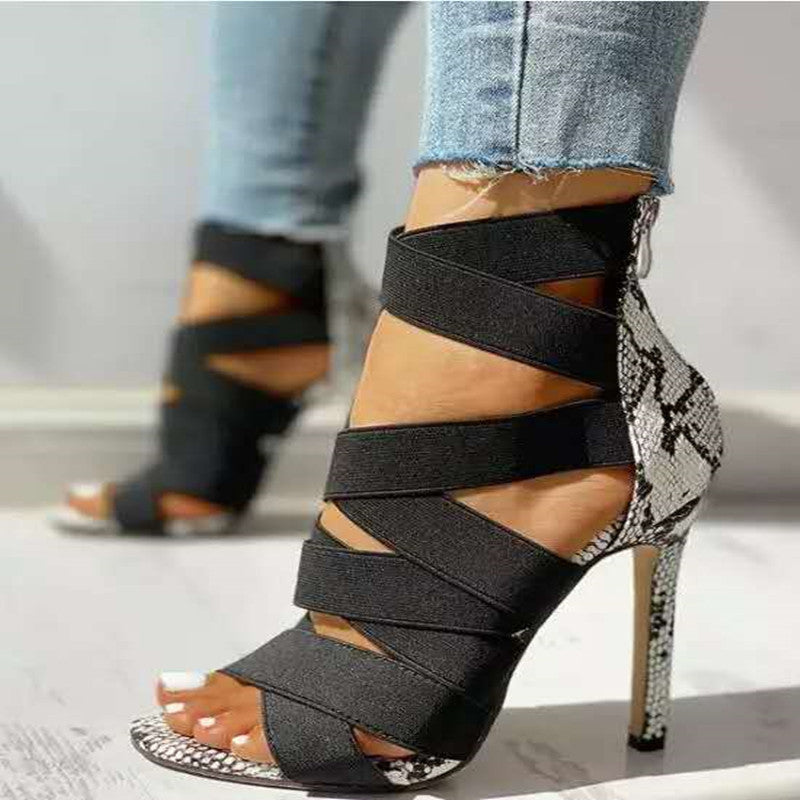 High heels with cross ties snake pattern thin High Heels Sandals