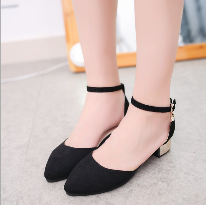 High Heels Women's Workplace Thick With Shallow Mouth Women's Shoes A Word Buckle With Rhinestone Pointed Shoes