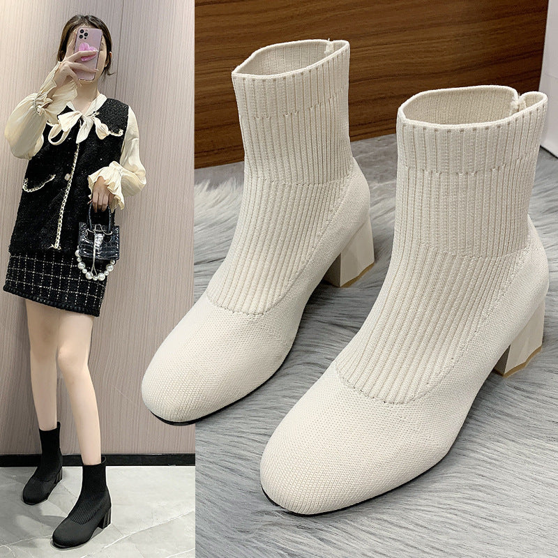 Women's Boots Round Toe Sleeve Thick Heel Flyknit