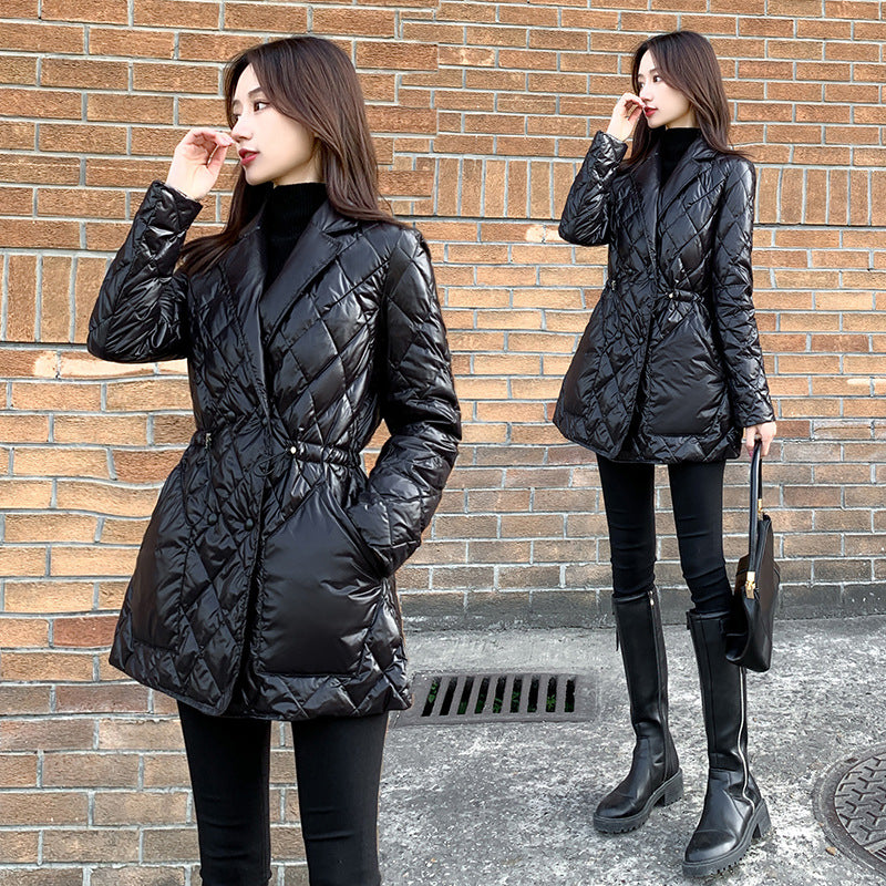 Winter slim waist mid-length imitation down jacket women shiny black suit collar cotton jacket