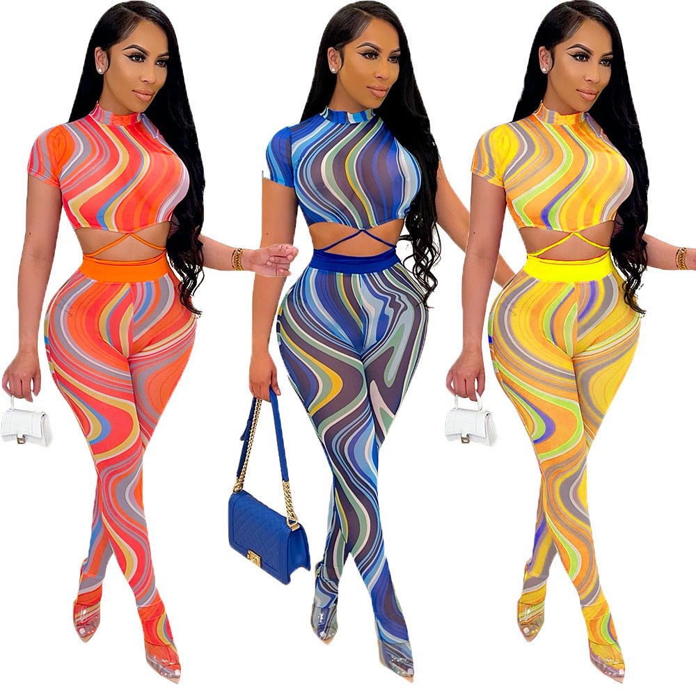 Printed Lace Up Body Stocking Casual Suit Tie-dye Waist Tether Short Sleeve Mesh Pantyhose