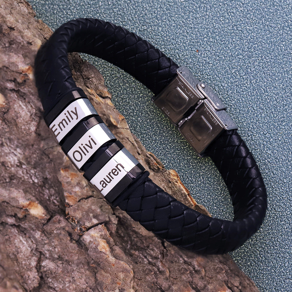 Personalized Men Name Leather Bracelet Black Woven