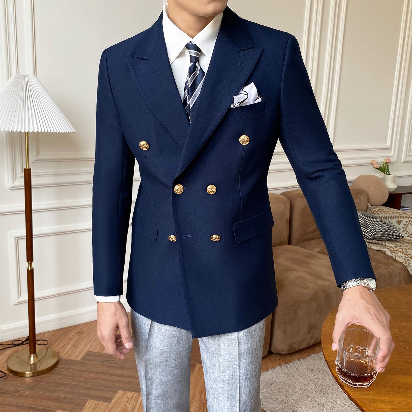 Double Breasted Suit Jacket Men Casual Slim