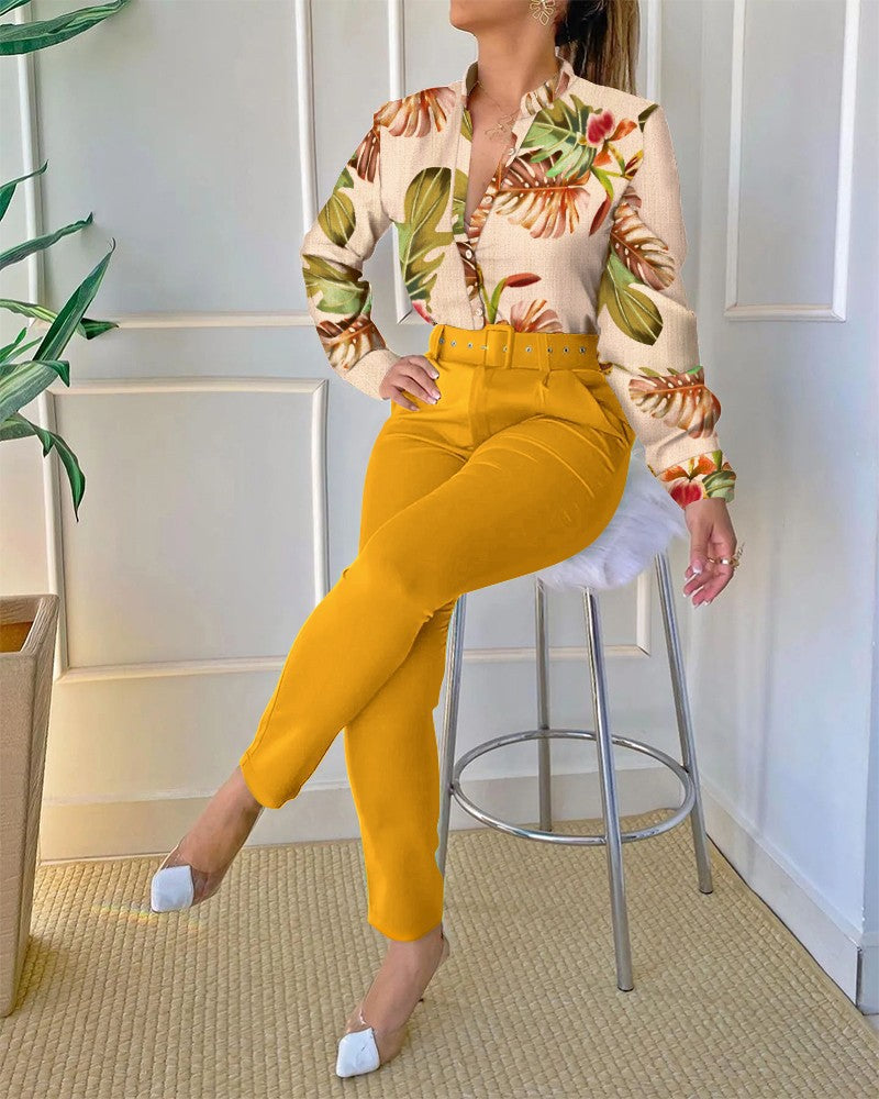 Women's Digital Printing Long-sleeved Shirt With Belt Trousers Suit