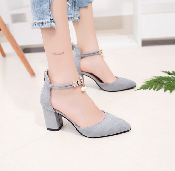 High Heels Women's Workplace Thick With Shallow Mouth Women's Shoes A Word Buckle With Rhinestone Pointed Shoes