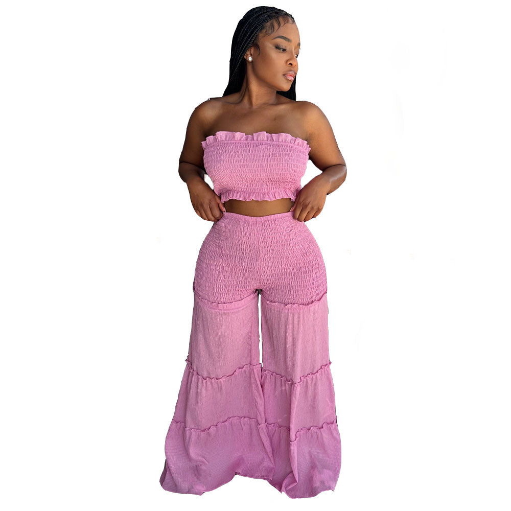 Smocking Wooden Ear Stitching Strapless Pants Two-piece Suit