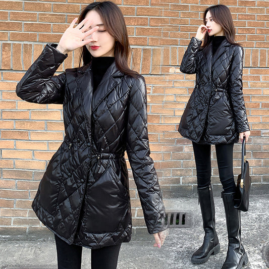 Winter slim waist mid-length imitation down jacket women shiny black suit collar cotton jacket