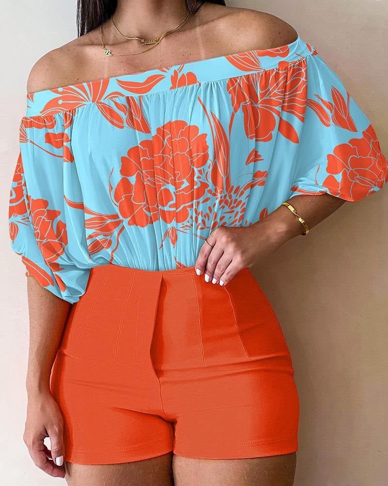 Women's Fashionable Elegant Floral Printed Top And Shorts Suit