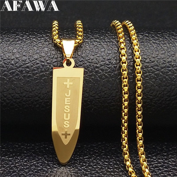Male Jesus Cross Stainless Steel Choker Necklace for Men Chain Gold Color Bullet Necklaces Jewerly colar masculino N6049S02