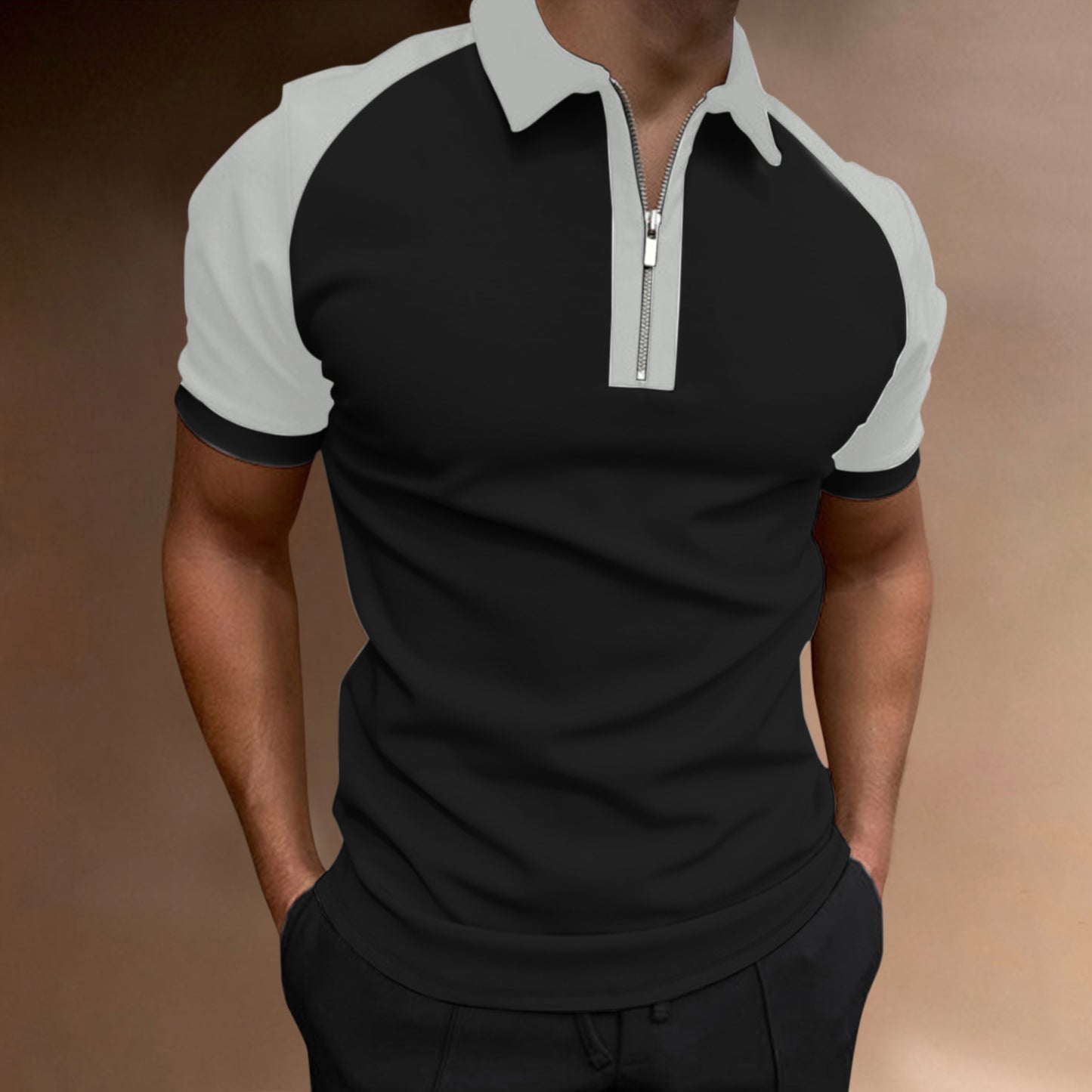 Color Matching Polo Shirt Zipper Men's Raglan Sleeve Top
