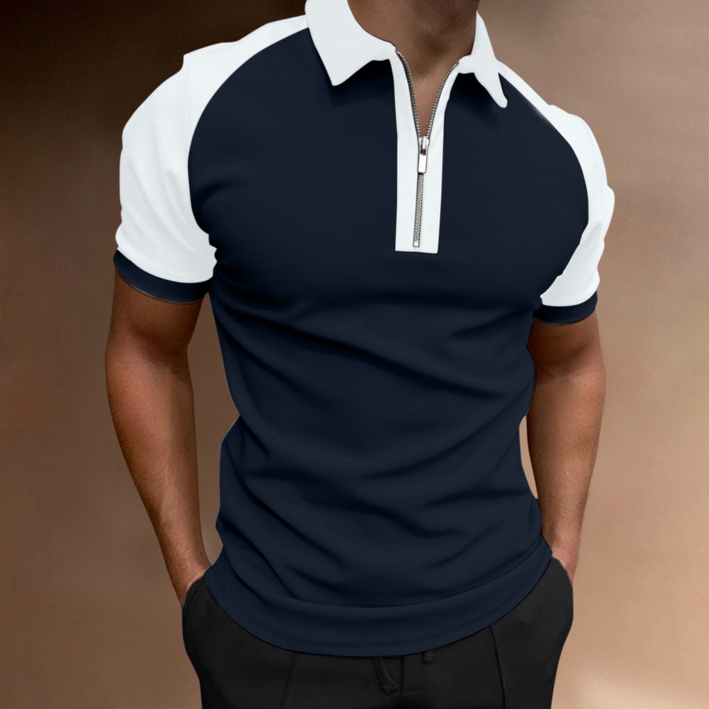 Color Matching Polo Shirt Zipper Men's Raglan Sleeve Top
