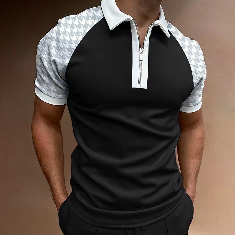 Men's Polo Shirt Short Sleeve Color Matching Plaid Zipper
