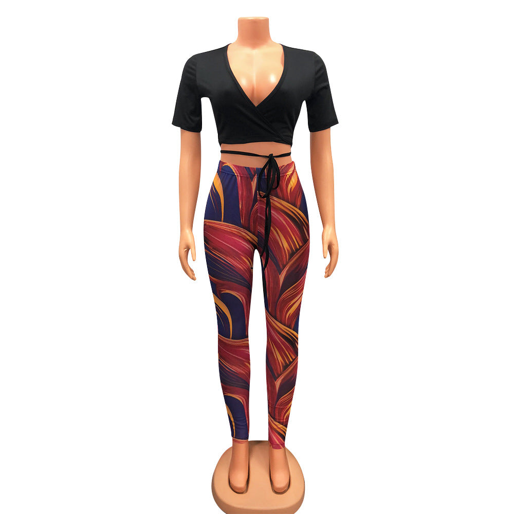 Sexy Mesh Printed Trousers Women Two-Piece Suit