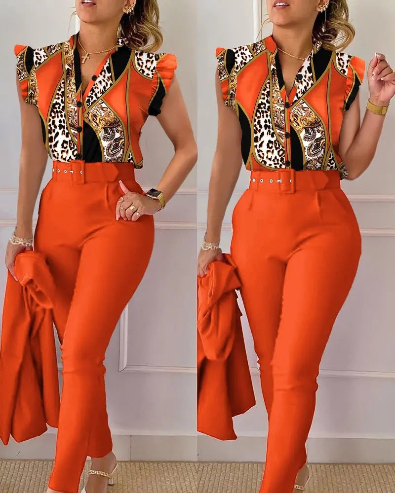 Printed Ruffle Sleeve Top Solid Color Pants Suit With Belt