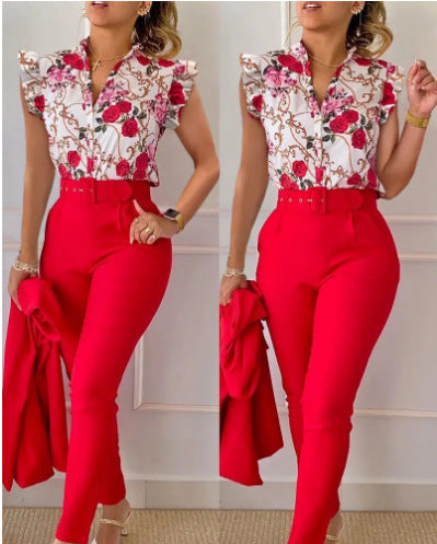 Printed Ruffle Sleeve Top Solid Color Pants Suit With Belt
