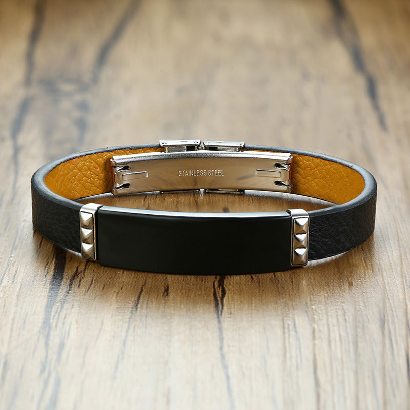 Stainless Steel Bent Leather Bracelet For Men