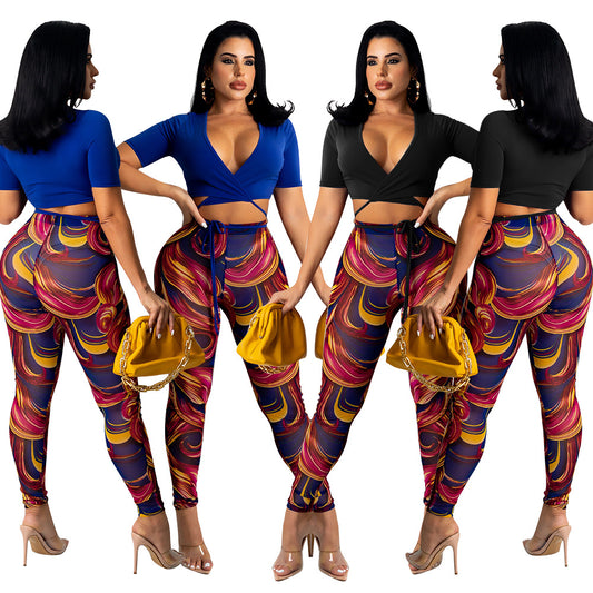 Sexy Mesh Printed Trousers Women Two-Piece Suit