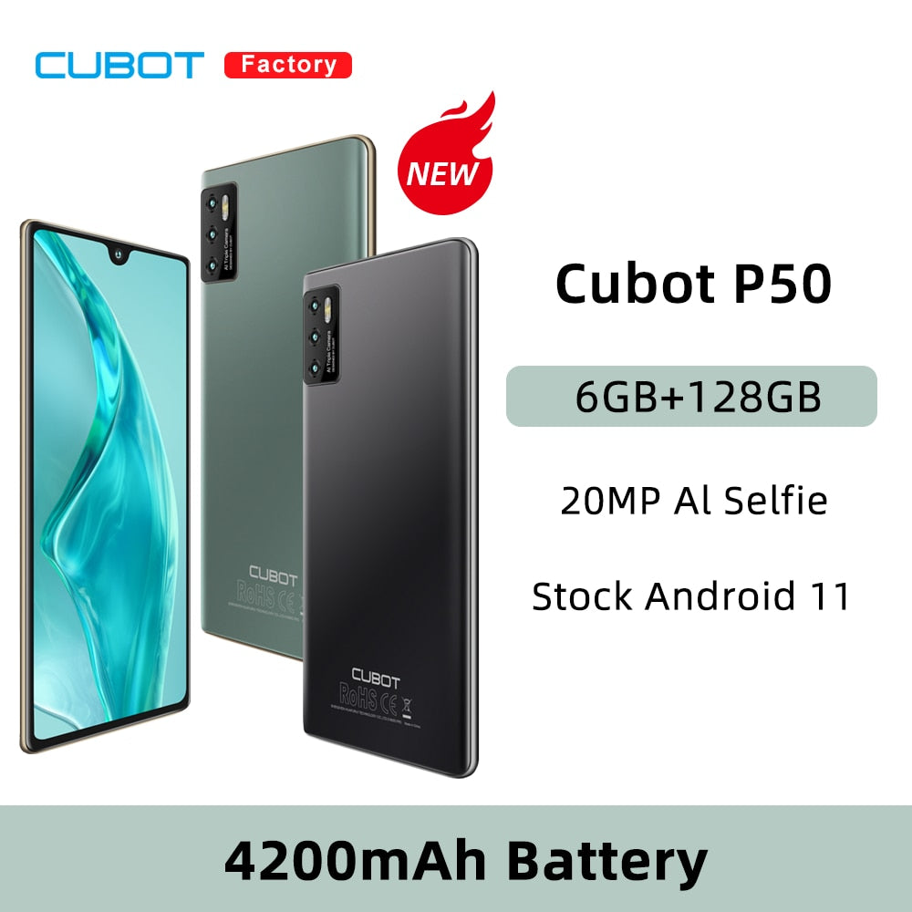 Cubot P50 Android 11 Smartphone 6GB +128GB 4200mAh Removable Battery 6.217 Inch HD+Screen NFC 20MP AI Camera Smart Mobile Phone