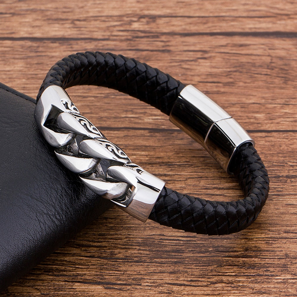 Charm Genuine Leather  Black Stainless Steel Magnetic hk Bracelet Men  Birthday Gift For  boy friend - isobougie