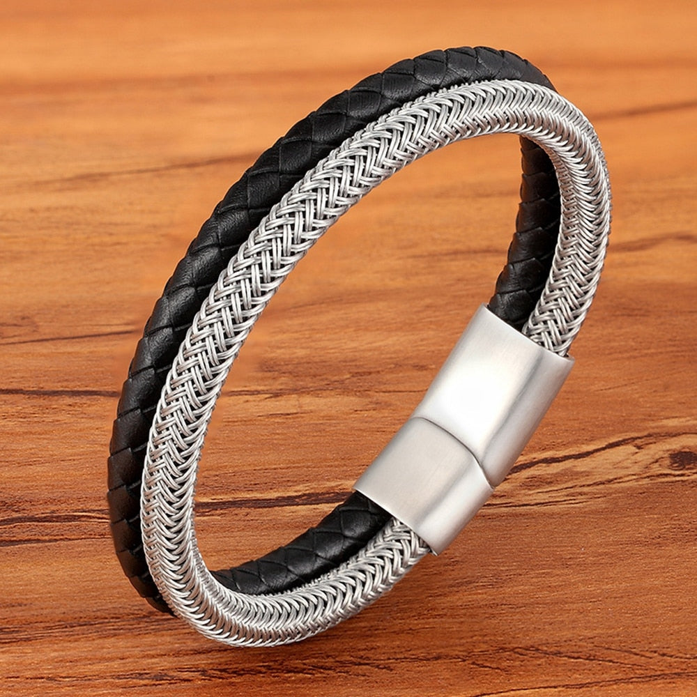 Stainless Steel Wire Cable Magnetic Clasp Double Layered Braided Bracelet
