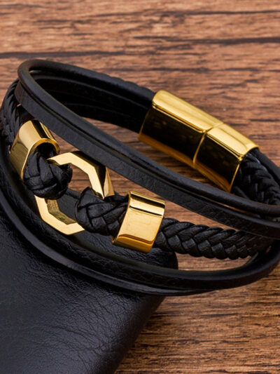 Tendy Fashion Luxury Braided Rope Stainless Steel Men Bracelet Leather Black Gold Magnetic Clasp Bangles Jewelry Gift For Father - isobougie