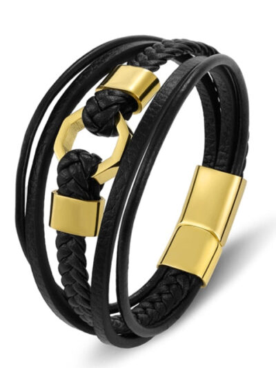 Tendy Fashion Luxury Braided Rope Stainless Steel Men Bracelet Leather Black Gold Magnetic Clasp Bangles Jewelry Gift For Father - isobougie