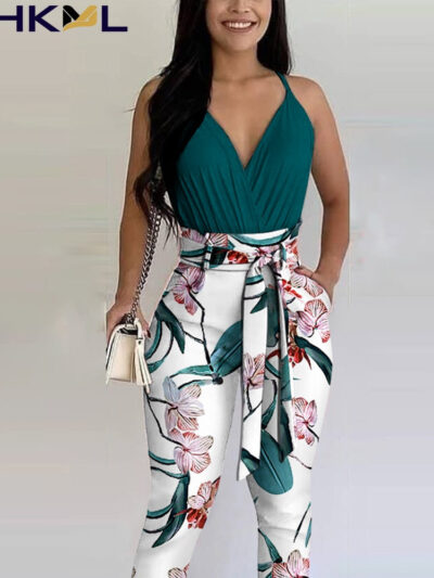 Women Two Pieces Plain Ruched Top & Floral Print Pants