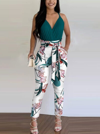 Women Two Pieces Plain Ruched Top & Floral Print Pants